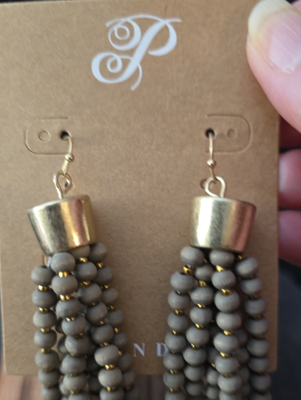 Plunder Gray and Gold Beaded Tassel Earrings